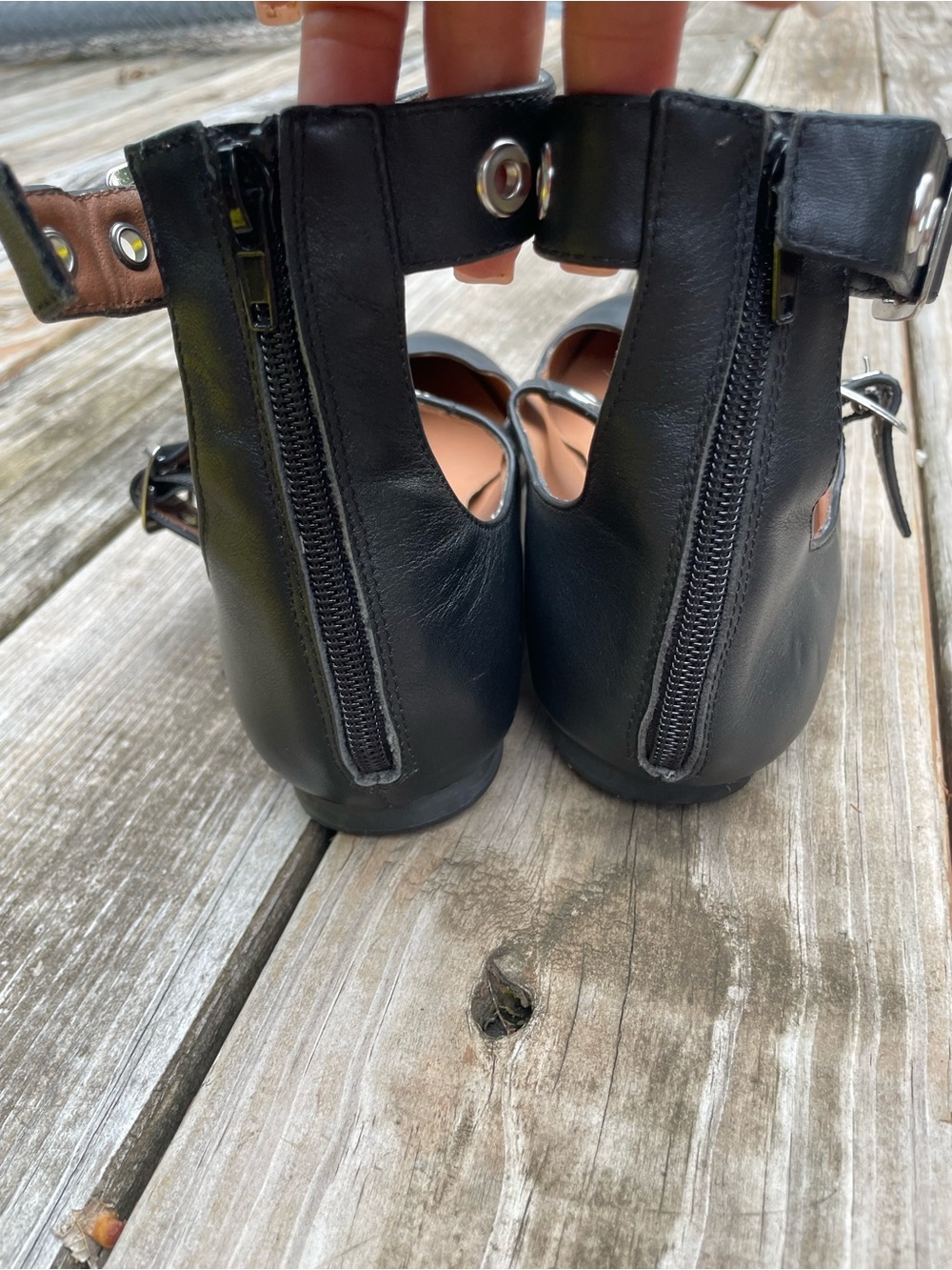 Steve Madden Black Pointed Ankle-Strap Flats with Silver Grommets - Picture 2 of 2